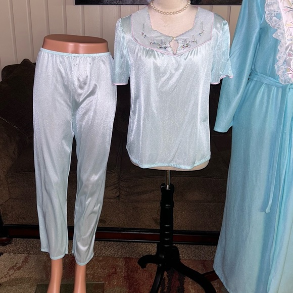 Lady Ronte~Vintage Turquoise Size Medium 3 Piece Set W/ Robe & Pajamas - Picture 14 of 16